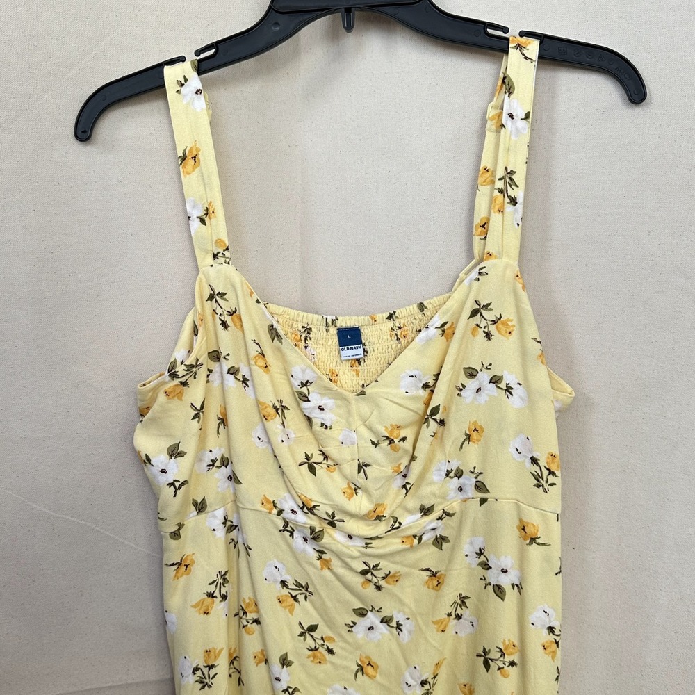 Old Navy Babydoll Fit Flare Mini Dress L Yellow Floral Smocked Fairy Cottage - Picture 2 of 8